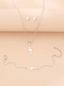 不鏽鋼閃電吊墜項鍊,手鍊,耳環套裝作為送女友的禮物,護身符魅力珠寶 - 銀色 - 查看 3