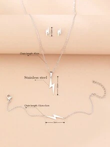 不鏽鋼閃電吊墜項鍊,手鍊,耳環套裝作為送女友的禮物,護身符魅力珠寶 - 銀色 - 查看 6