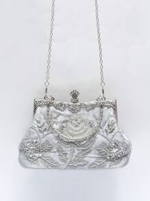 1入銀色復古玫瑰繡花鑲珠花卉鑲鑽雕刻設計金屬手拿包,適用於晚禮服、婚禮裙子、舞會、正式場合、晚宴、跳舞派對,適用於女性新年、情人節、母親節、教師節禮物 - 銀色 - 查看 6