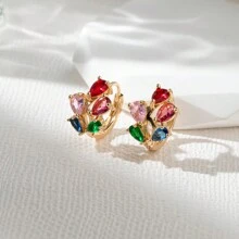1pair Elegant Colored Drop Shape Diamond Circle Earrings, Suitable For Women's Daily Wear - Multicolor - View 9