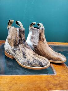 Porque usted lo solicito llegaron los botines vaqueros, 100% piel de pelo genuina, suela cocido, tabla de tallas( US7.5-MX25.5, US8-MX26, US8.5-MX26.5, US9-MX27) - cafe - Ver 2