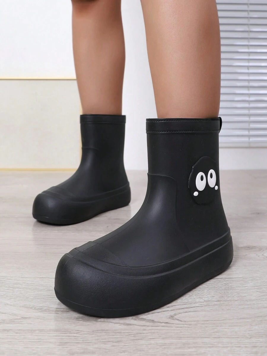 韓式可愛卡通雨鞋女款,防滑、防水、保暖,適用於戶外活動和學生 - 黑色 - 查看 1