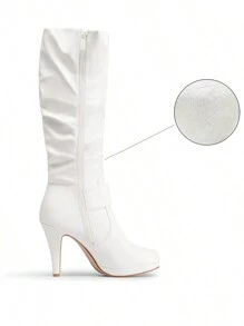 女士黑色膝上高跟冬季靴 - 白色 - 查看 6