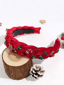 1pc Women's Red & Green Braided Wide Band Artificial Rhinestone Fashion Christmas Velvet Headband Gift Suitable For Daily Wear & Christmas Party - Red - View 2