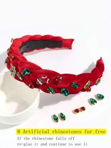 1pc Women's Red & Green Braided Wide Band Artificial Rhinestone Fashion Christmas Velvet Headband Gift Suitable For Daily Wear & Christmas Party - Red - View 3