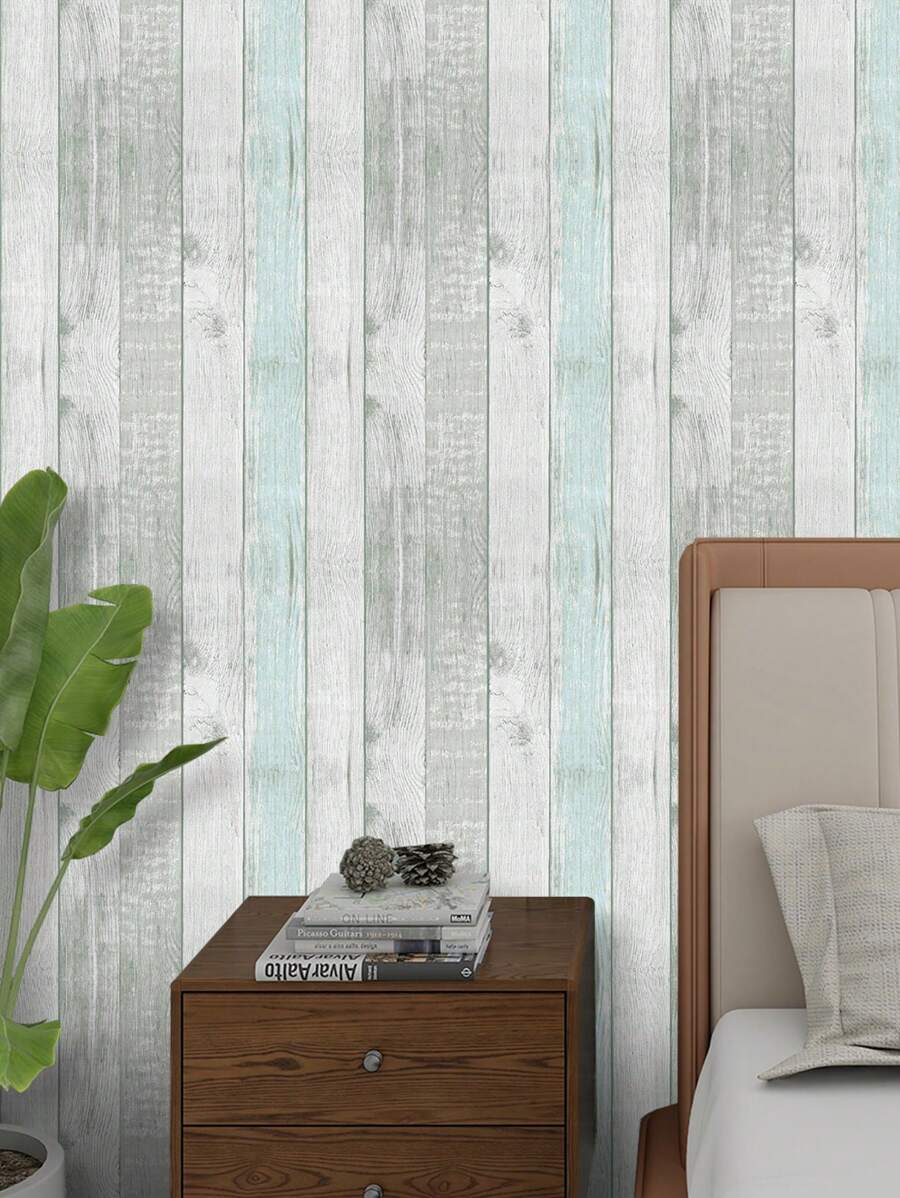 1 Roll Wood Grain Peel And Stick Wallpaper, Distressed Green Wood Vinyl