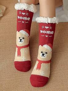 1 雙女式冬季保暖抓絨中小腿聖誕襪,帶防滑矽膠,紅色,帶卡通雪人和樹圖案,非常適合室內家居地板穿著、睡眠、送禮、日常使用