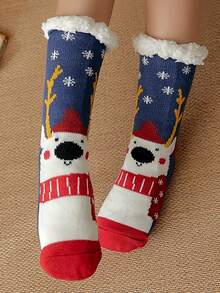1 雙女式冬季保暖抓絨中小腿聖誕襪,帶防滑矽膠,紅色,帶卡通雪人和樹圖案,非常適合室內家居地板穿著、睡眠、送禮、日常使用