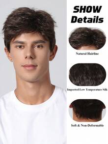 男士短假发深棕色假发合成假发服装万圣节自然发质假发短卷发圣诞节男士假发适合日常使用 - Dark Brown - 查看 8