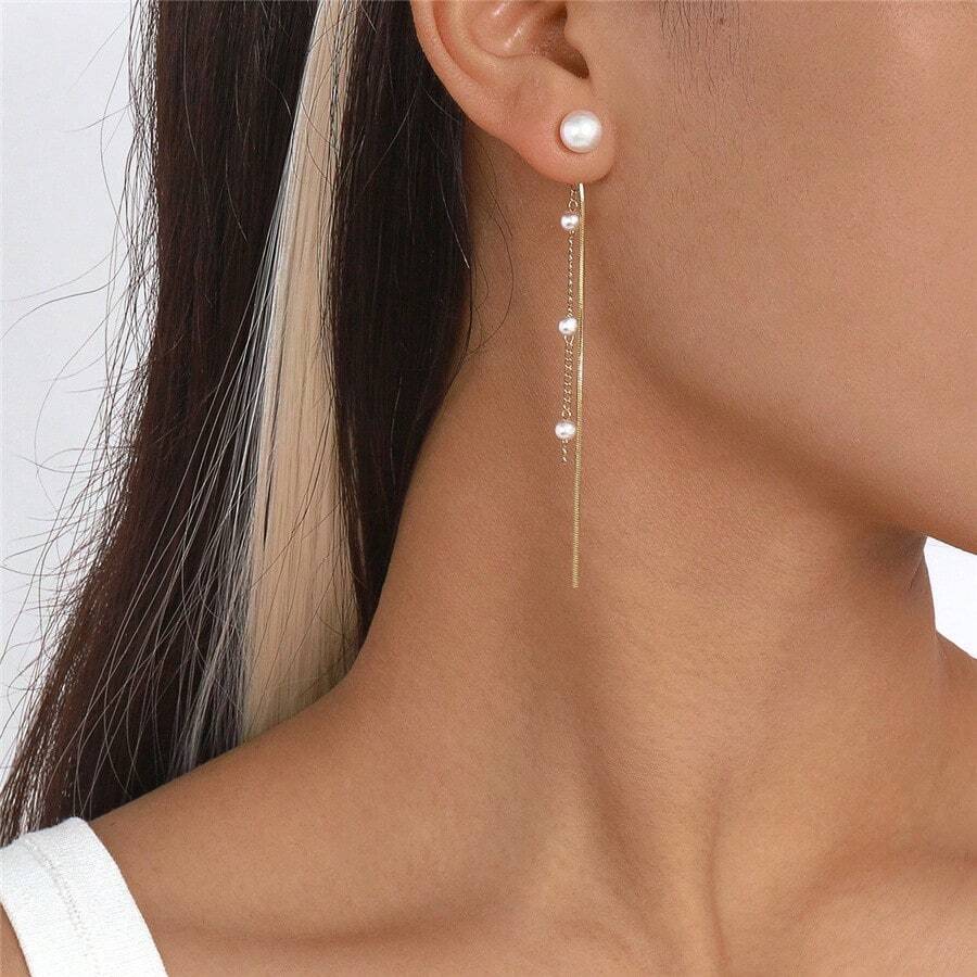 1對女士金色珍珠流蘇耳環,適合日常、派對和節日使用 - 金色 - 查看 1