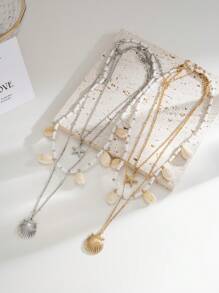 歐美時尚風格多層項鍊,星星貝殼項鍊套裝,適合女性日常外出穿著 - 金色 - 查看 1