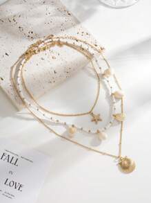 歐美時尚風格多層項鍊,星星貝殼項鍊套裝,適合女性日常外出穿著 - 金色 - 查看 2