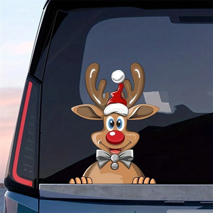 1入組可愛的聖誕老人麋鹿雪人窺視貼紙,適用於車窗槓貼紙和聖誕節汽車裝飾配件 - 棕色 - 查看 1