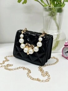 Túi trang trí chuỗi ngọc trai giả cho bé gái Túi vuông nắp PU - màu đen - Xem 8