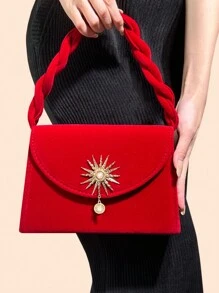 紅色婚禮手拿包/手提包,鑲有絲絨面料,高級時尚,可咩有肩帶或斜揹包,聖誕禮物袋 聖誕快樂 - 紅色 - 查看 2