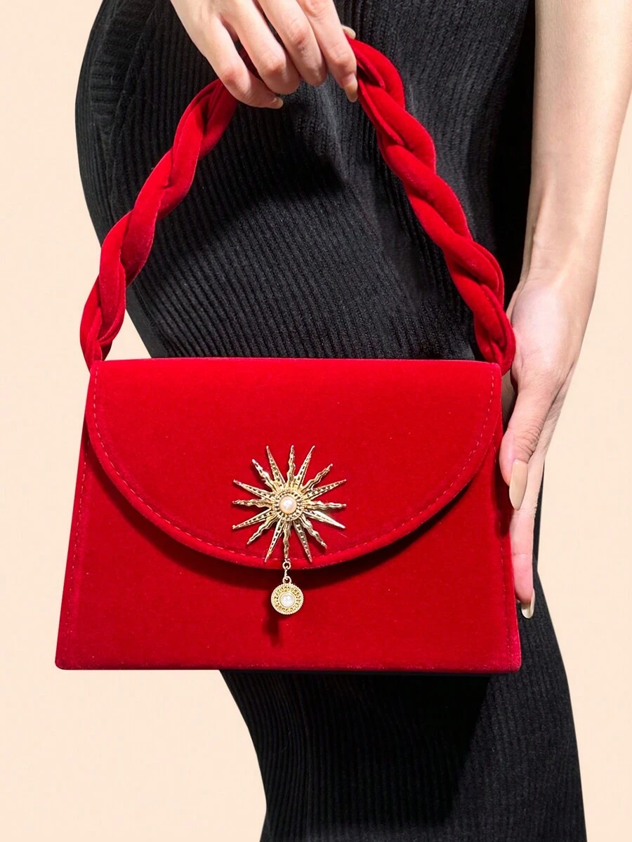 紅色婚禮手拿包/手提包,鑲有絲絨面料,高級時尚,可咩有肩帶或斜揹包,聖誕禮物袋 聖誕快樂