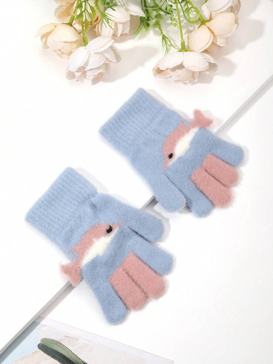 1對休閒女士海豚造型五指保溫手套