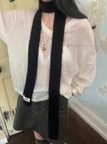 1件女士羊毛混紡柔軟頸套風格長款針織圍巾,秋冬季節款y2k風格純色薄窄圍巾 - 黑色 - 查看 9