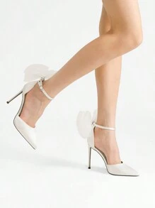 Women High Heels Strappy Closed Toe Stiletto Pointed Toe Mesh Bows Ankle Strap D'Orsay Prom Wedding Party Pumps Shoes - 白色 - 查看 8