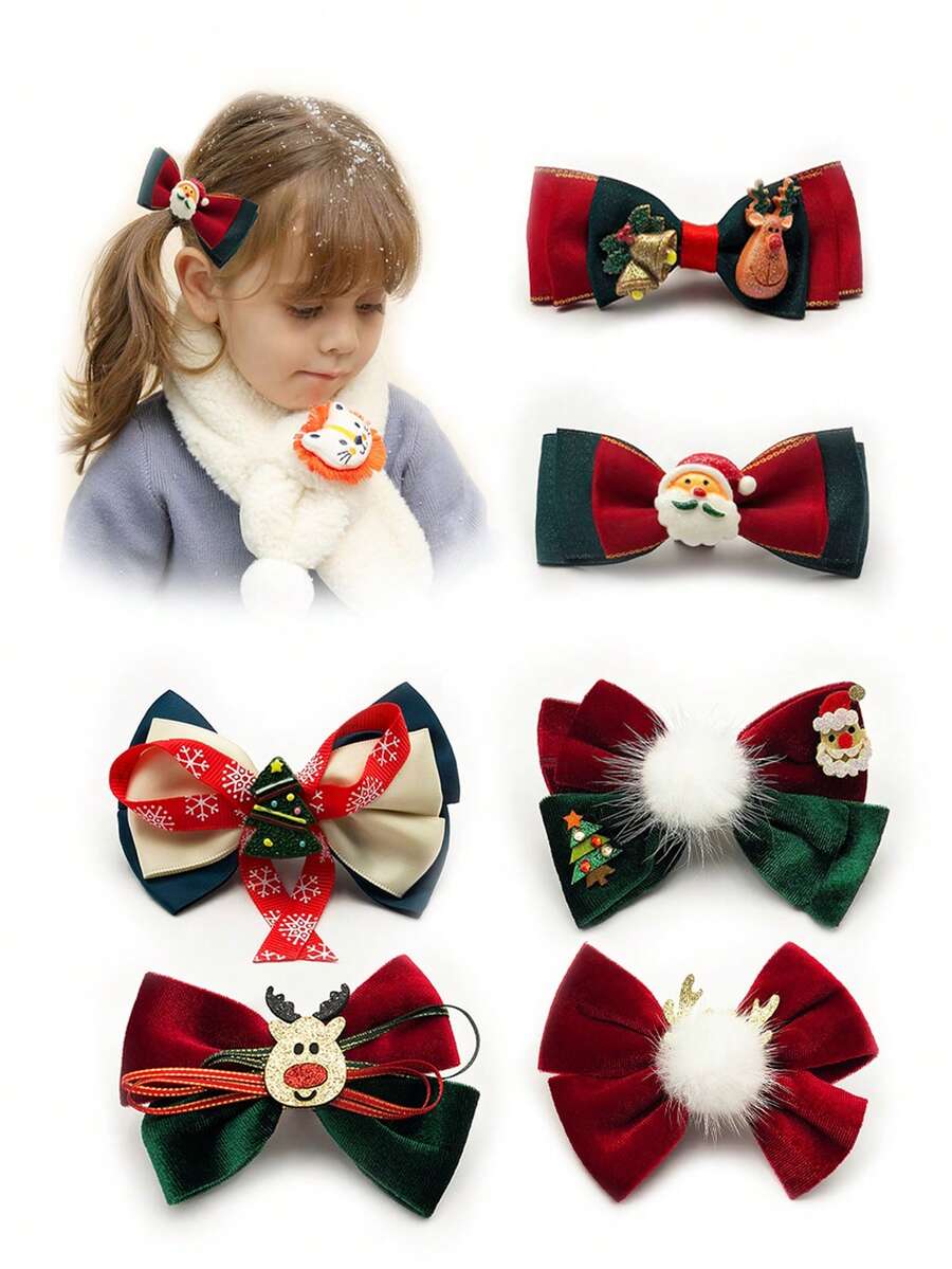 6入組不同款式的聖誕風格女童發夾,聖誕節慶祝、派對、節日禮物髮飾裝飾,適用於冬季、聖誕和新年的穿搭