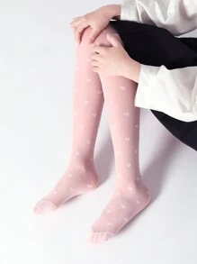 1條幼兒女童粉紅色心形刺繡薄款高彈性帶腳網襪,適合日常和學校打扮 - 粉色 - 查看 3