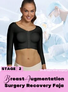Women Breast Augmentation Post Op Surgery Shapewear Bra Tops With Long Sleeves - Black - View 1