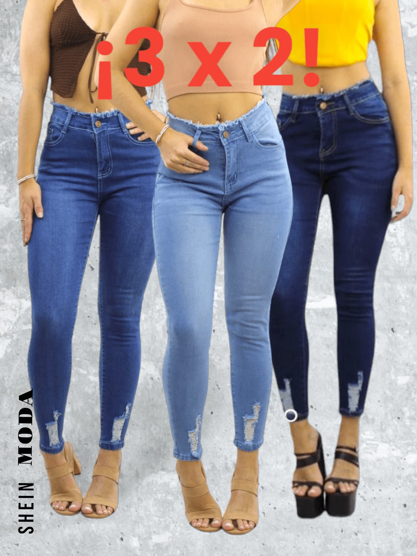 JEANS PANTALON DE MEZCLILLA PARA MUJER  TOBILLO DESHILACHADO EN CADERA Y DESTRUCCION 3 X 2 COMPRA 3 PAGA 2
