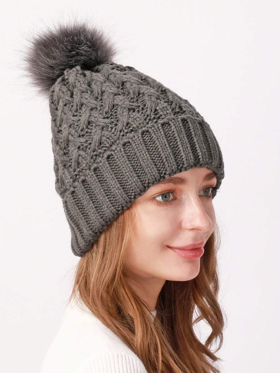1個女士加厚針織帽子,帶毛球和扭曲圖案,適用於冬季,灰色 - 深灰色 - 查看 1