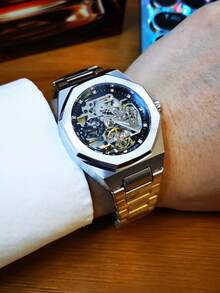 Caluxe 1入組男士時尚銀色陀飛輪骨架自動機械手錶，豪華鑽石鈦晶錶盤，頂級品牌不銹鋼商務/休閒手錶，配火山石手鍊和禮盒禮品套裝，男士禮物