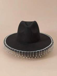 鑽石流蘇y2k牛仔帽純色西部爵士禮帽時尚牛仔女帽派對狂歡配件西方鑽石流蘇牛仔帽純色波希米亞羊毛帽狂歡派對爵士禮帽中性情侶牛仔帽適用於女士男士