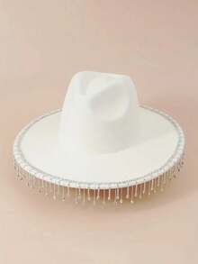 鑽石流蘇y2k牛仔帽純色西部爵士禮帽時尚牛仔女帽派對狂歡配件西方鑽石流蘇牛仔帽純色波希米亞羊毛帽狂歡派對爵士禮帽中性情侶牛仔帽適用於女士男士