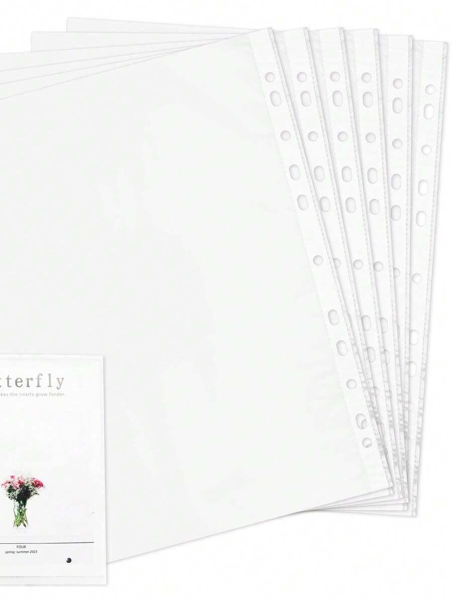 100入組a4打孔袋,透明a4塑料袋,防水,透明信封,11個孔的上開口袋,可放在三環活頁夾檔案夾a4文件辦公室學校使用 - 白色 - 查看 1