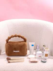 1個棕色毛絨化妝包內部帶有小口袋,適用於化妝工具化妝包,便攜拉鍊化妝整理箱,適用於女士、女孩、浴室、旅行、大學宿舍、家庭和姐妹禮物,鬆軟的袋子小型化妝袋,女士禮物、女孩禮物、女友禮物 - 棕色 - 查看 3