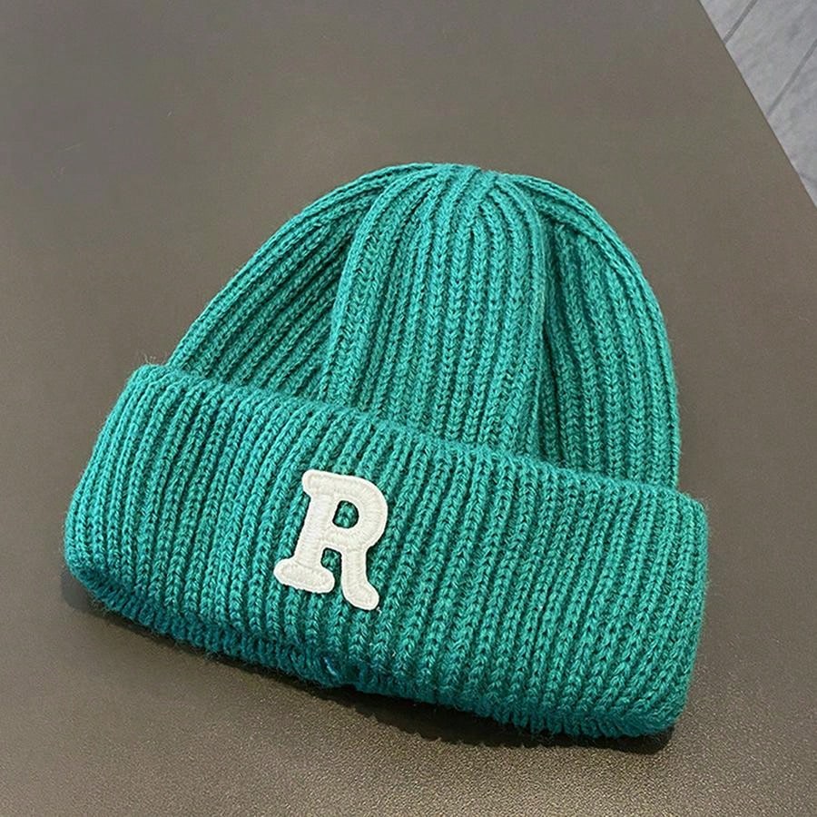 1 Green Baby Hat With R Logo Letter Warm Baby Knitted Hat Autumn And
