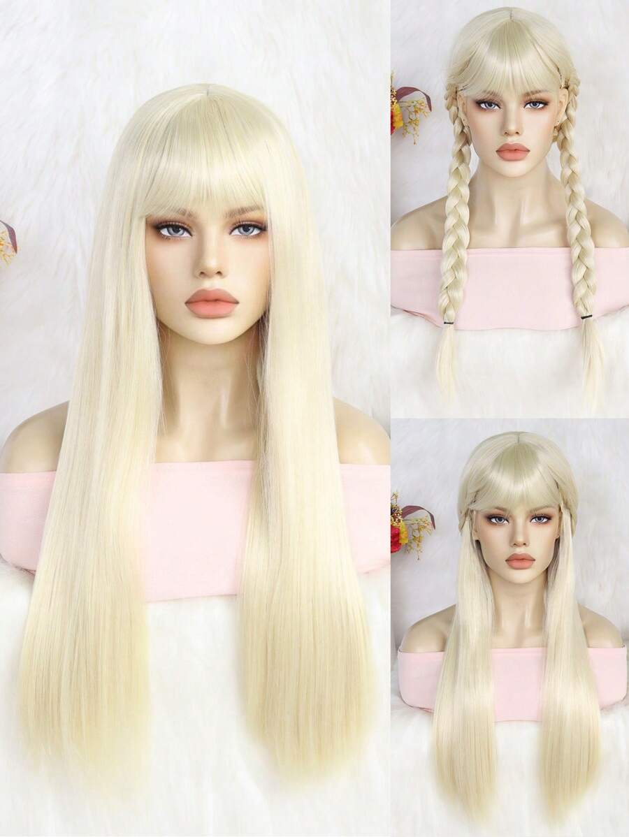 Long Straight 613# Platinum Blonde Wig With Bangs, School Holiday Halloween Thanksgiving Day Christmas Parties Anime Cosplay Wigs - Premium Synthetic High Density High Temperature Fiber Hair, Cheap Stylish And Versatile Wig Perfect For Women & 1pc Wig Cap - Gold - View 1