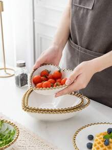 1pc Creative Luxury Gold Edged Ceramic Salad Bowl Or Steak Plate For Household Use,Kitchen,Christmas Gift - White - View 8