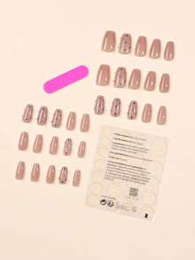 30入組短款優雅簡潔棺材形狀鑲嵌裝飾假指甲,含1個指甲產品修復工具套裝和1支果凍膠粘劑 - 彩色 - 查看 3