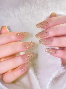 30入組短款優雅簡潔棺材形狀鑲嵌裝飾假指甲,含1個指甲產品修復工具套裝和1支果凍膠粘劑 - 彩色 - 查看 2