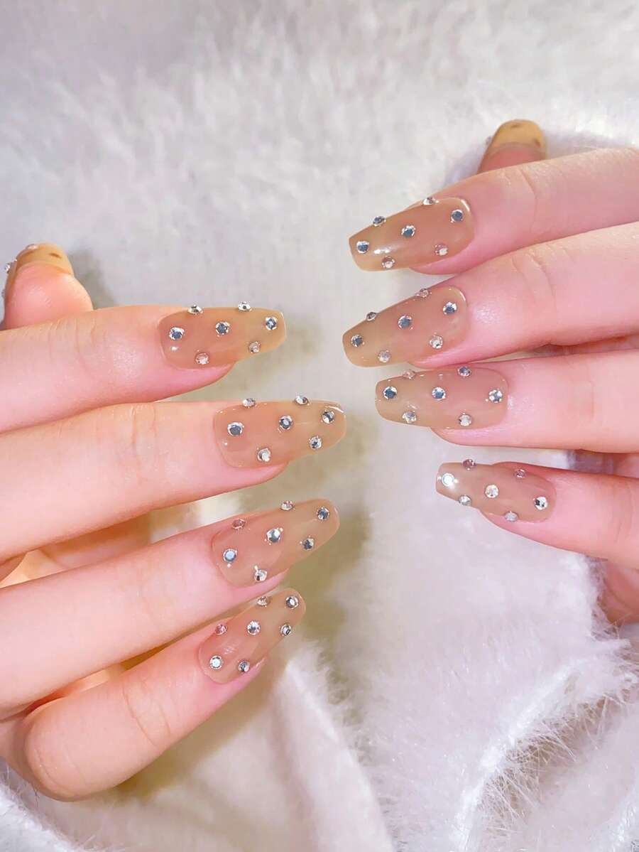 30入組短款優雅簡潔棺材形狀鑲嵌裝飾假指甲,含1個指甲產品修復工具套裝和1支果凍膠粘劑