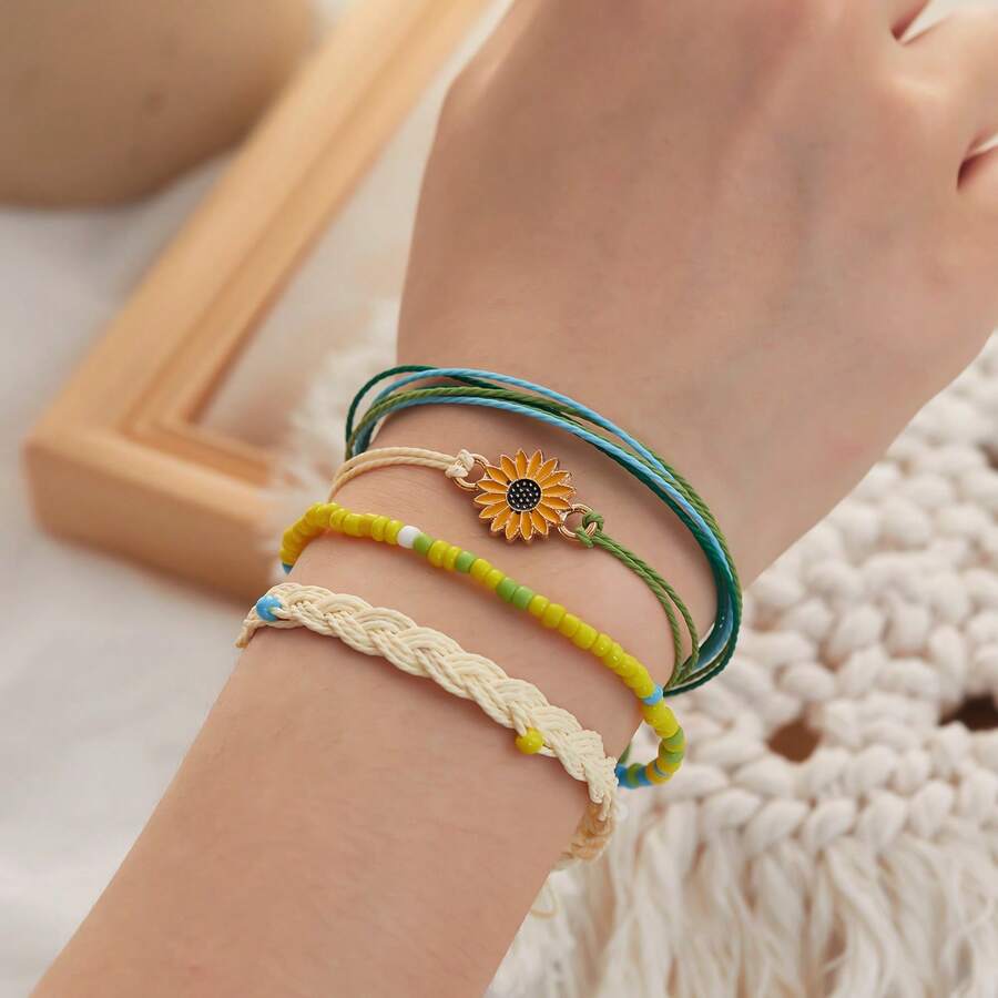 Conjunto De 4 Brazaletes Trenzados Con Cuentas De Semillas, Girasoles Y Margaritas - Multicolor - Ver 1