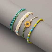 Conjunto De 4 Brazaletes Trenzados Con Cuentas De Semillas, Girasoles Y Margaritas - Multicolor - Ver 2