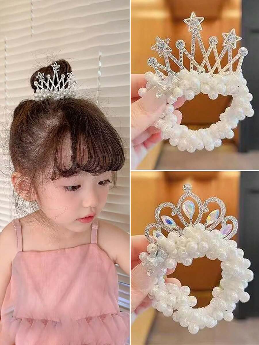 1 件儿童珍珠装饰皇冠发带，带水钻的发饰，适合女孩参加派对和庆祝活动 - 白色 - 查看 1