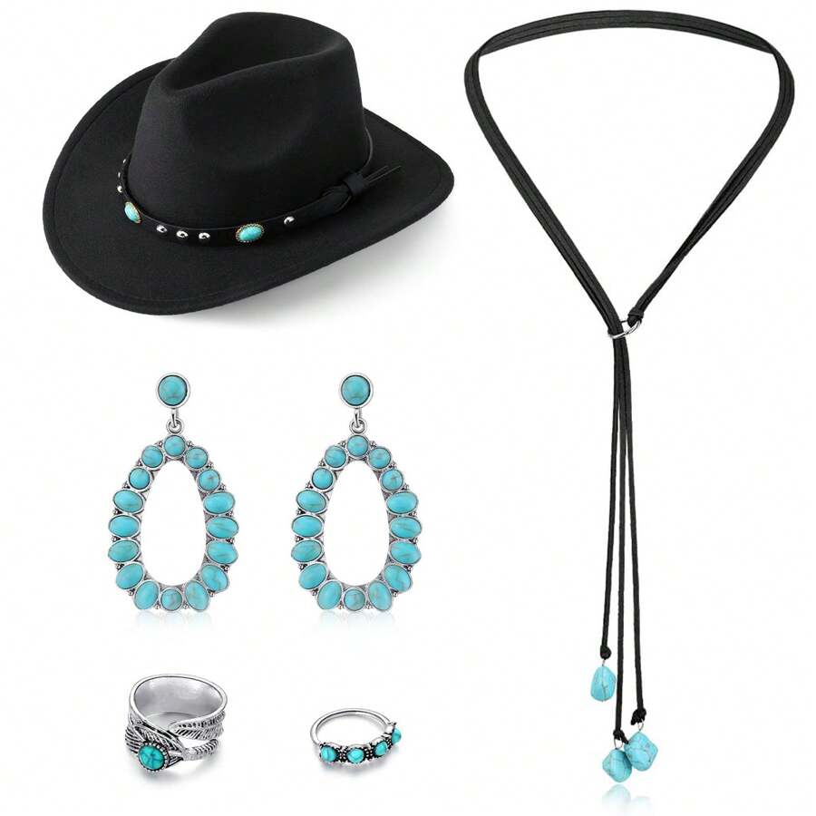 5 Pcs Western Cowgirl Hat Accessories For Women Western Cowboy HatTurquoise Jewelry Set Earrings Pendant Choker Rings - Black - View 1