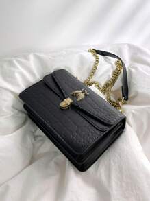 时尚鳄鱼纹奢华女士派对款链条单肩包，采用高端单肩和斜挎设计 - 黑色 - 查看 6