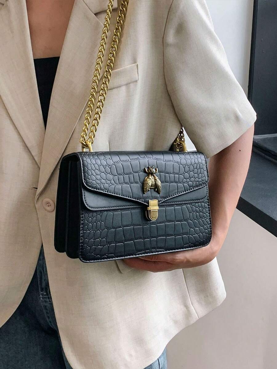 时尚鳄鱼纹奢华女士派对款链条单肩包，采用高端单肩和斜挎设计 - 黑色 - 查看 1