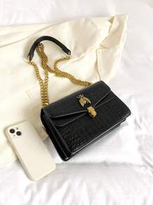 时尚鳄鱼纹奢华女士派对款链条单肩包，采用高端单肩和斜挎设计 - 黑色 - 查看 8