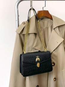 时尚鳄鱼纹奢华女士派对款链条单肩包，采用高端单肩和斜挎设计 - 黑色 - 查看 7