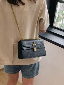 时尚鳄鱼纹奢华女士派对款链条单肩包，采用高端单肩和斜挎设计 - 黑色 - 查看 4