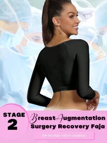 Women Breast Augmentation Post Op Surgery Shapewear Bra Tops With Long Sleeves - Black - View 2