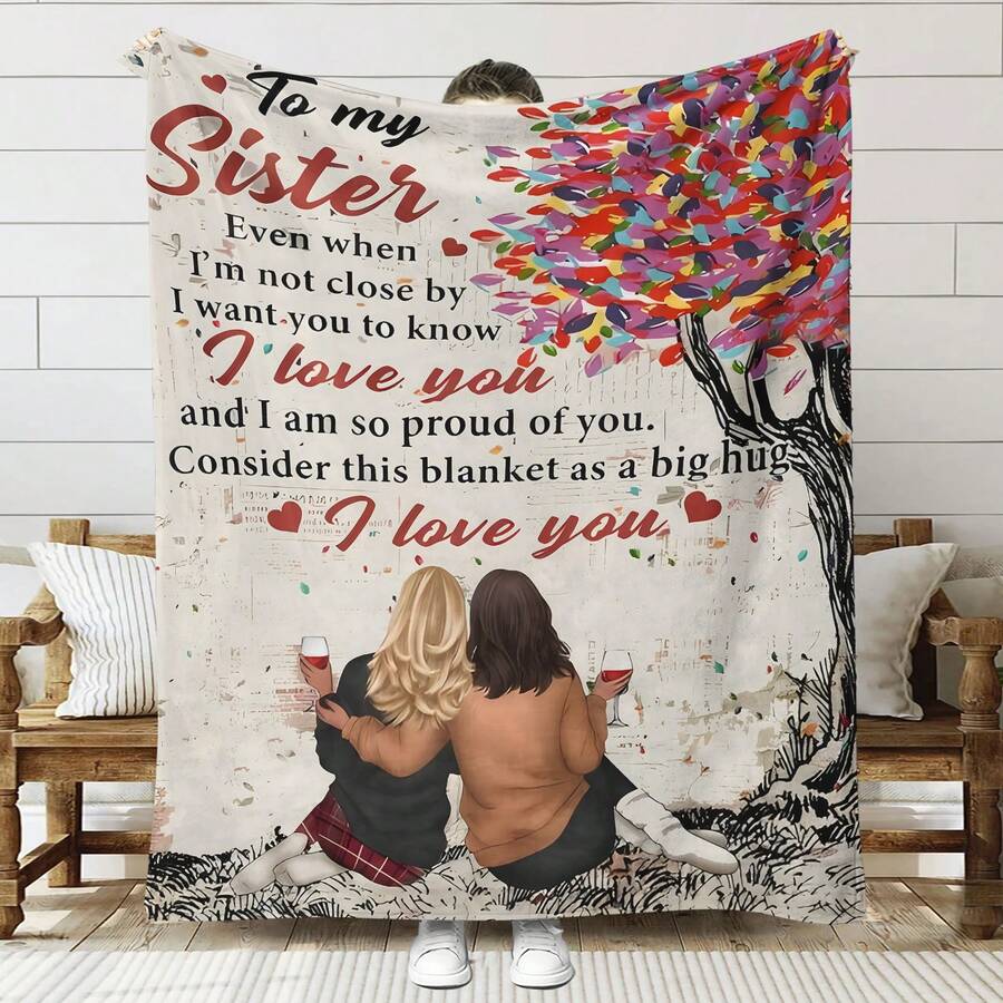 1條柔軟的數位印花法蘭絨毛毯作為給我姐姐的禮物,信封字母設計,溫暖舒適,適用於沙發,家庭辦公室,空調使用,適合於感恩節,聖誕節和新年禮品 - 彩色 - 查看 1